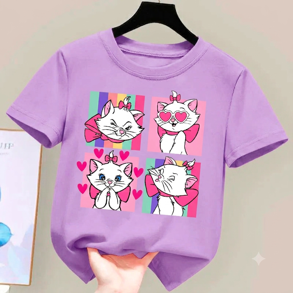 Camiseta De Algodão Infantil Estampada Gatinha Marie Tendencia