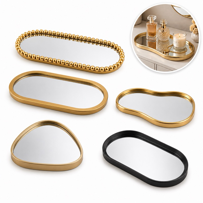 BANDEJA ORGANICA ESPELHADA DECORATIVA MULTIUSO BANHEIRO LAVABO SALA PRETO DOURADO