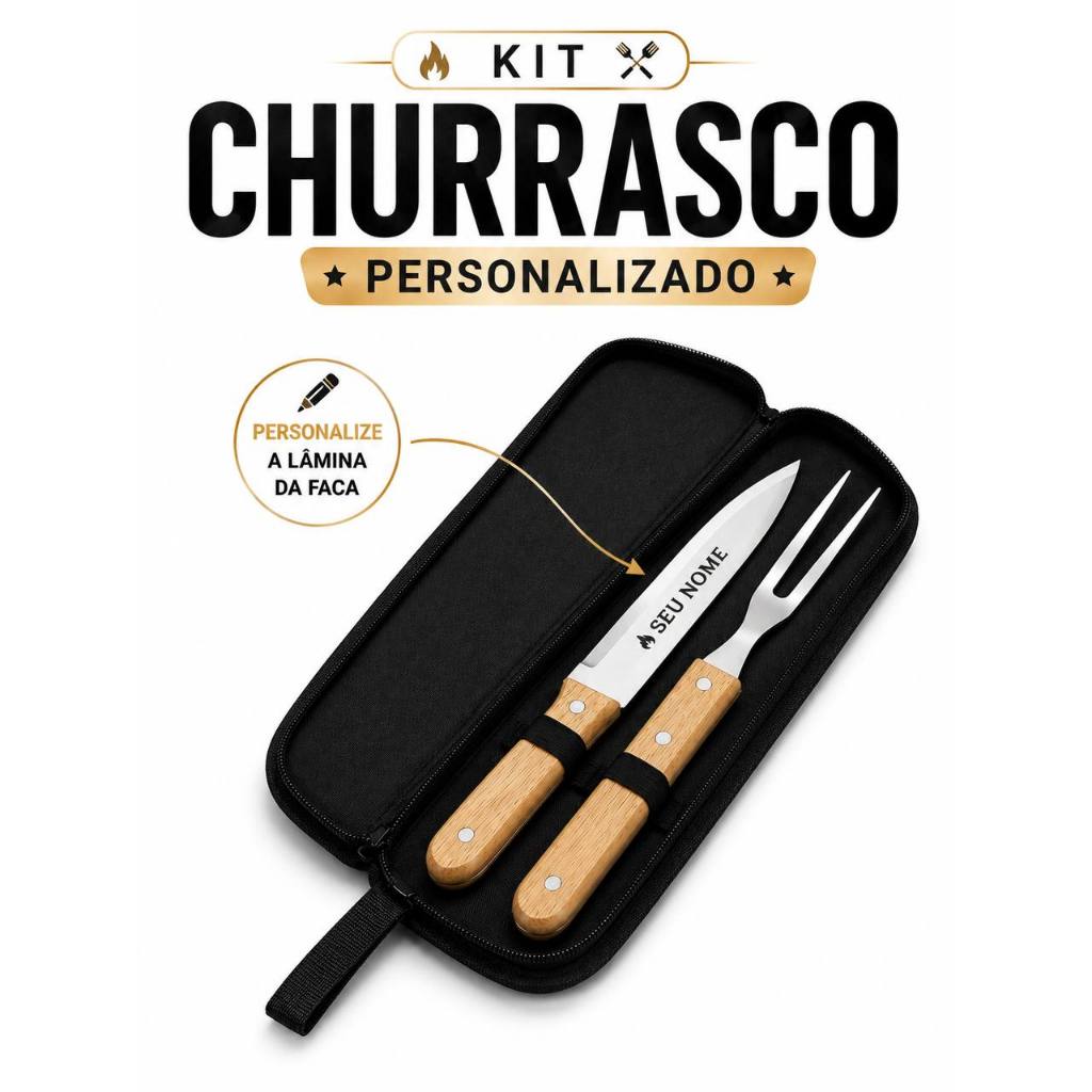 Kit Churrasco Personalizado Dia dos Pais Presente Faca Garfo Estojo, Tábua, Copo Térmico