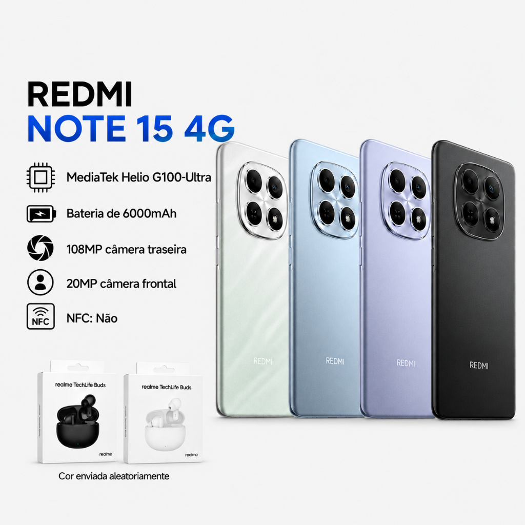 Xiaomi Redmi Note 15 4G+Realme Techlife Buds, Processador Mediatek Hélio G100-Ul