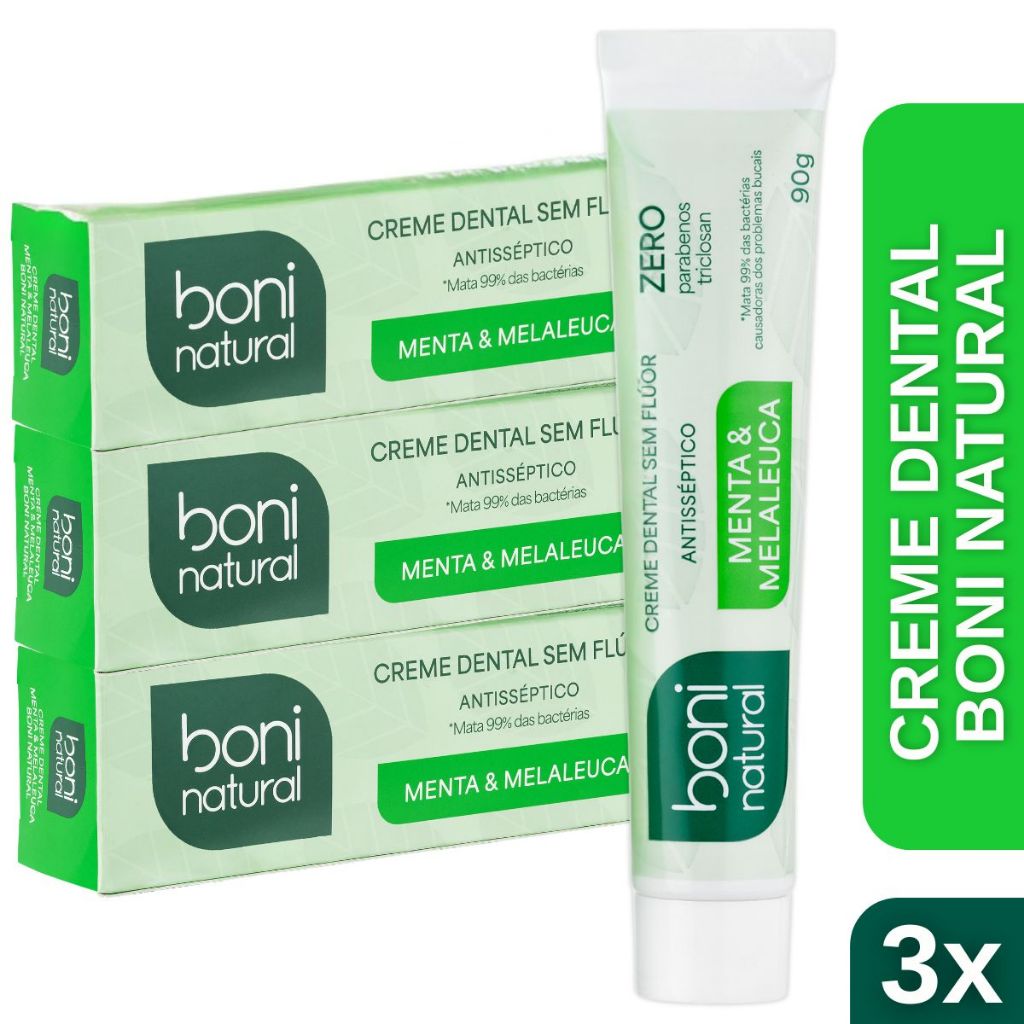 Kit 3 Creme Dental Vegano Natural Menta e Melaleuca Sem Flúor 90g - Boni Natural