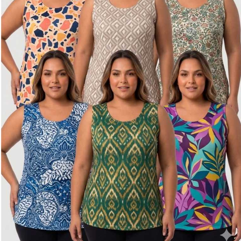 Blusa Regata Feminina Liganete Malha Fria Kit 1 3 6 Unidades M G GG G1 Estampas Variadas Moda Senhora Direto Da Fabrica