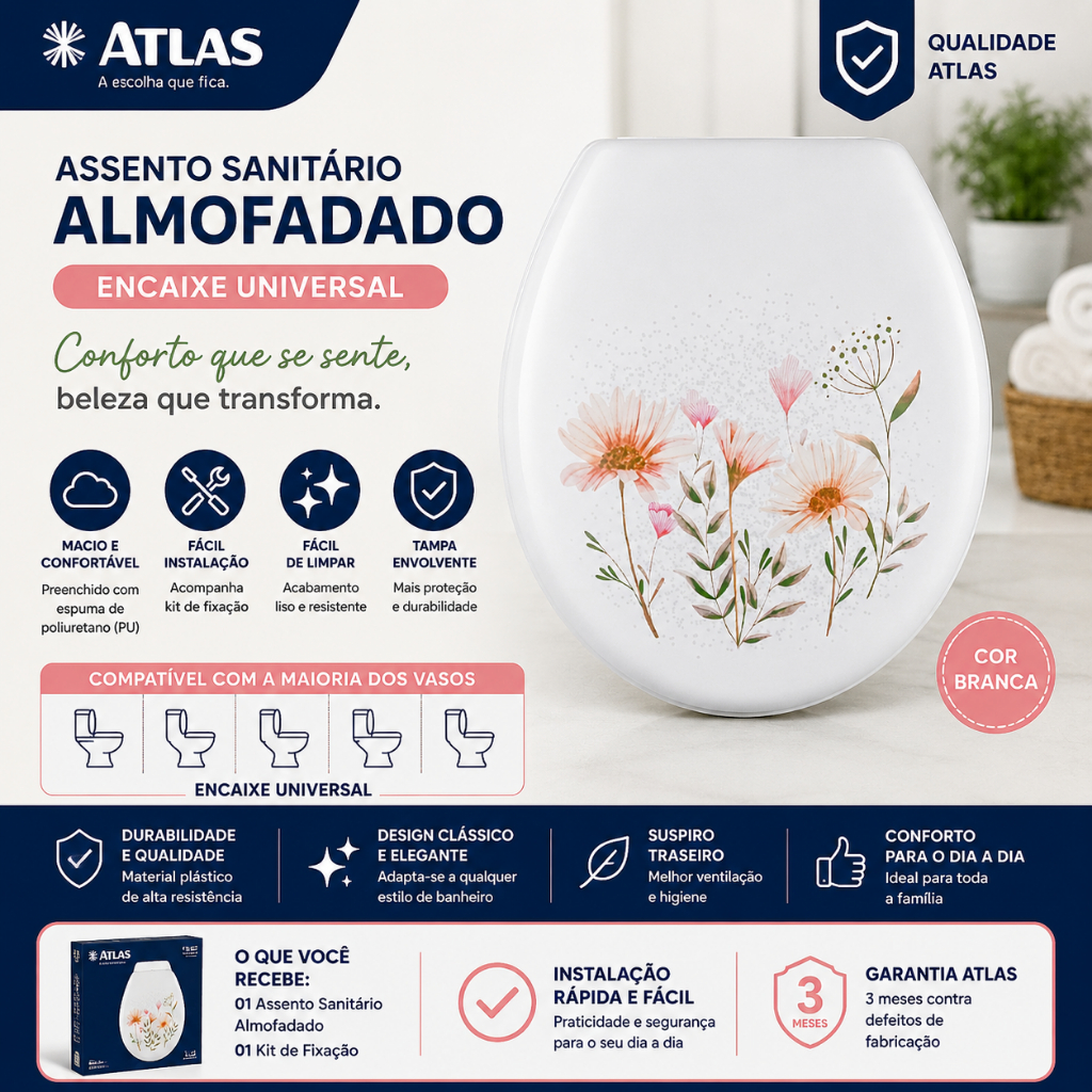 Assento Sanitário Almofadado Atlas Estampado Floral Branco Encaixe Universal