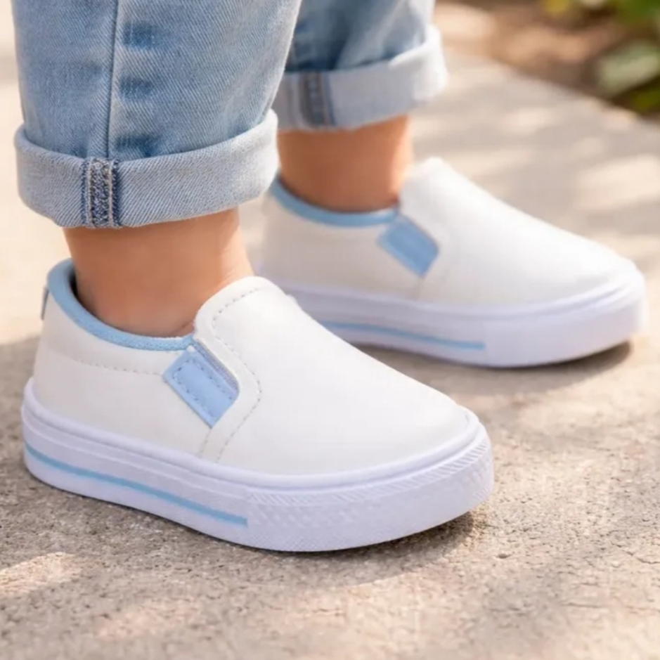Tênis Infantil Baby Casual Branco e Azul Bebê Menino Menina Confortável Leve Escolar 18 ao 28