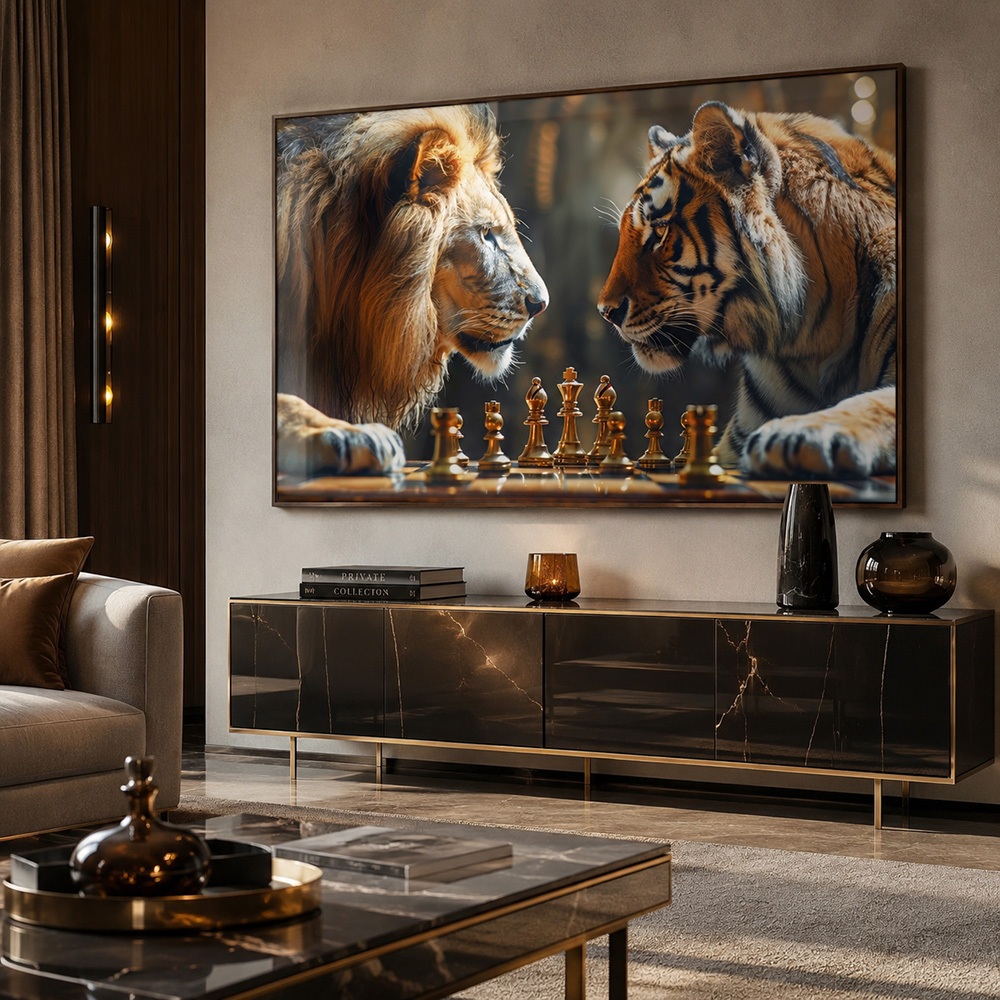 Quadro Leão e Tigre Xadrez Decorativo Moldura 50x75 ou 60x90 Sala Quarto Escritório