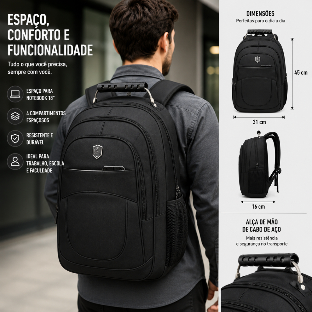 Mochila Grande Alça Cabo De Aço Resistente Faculdade Trabalho Escola Notebook Maculina E Feminina Com Bolso Para Garrafa
