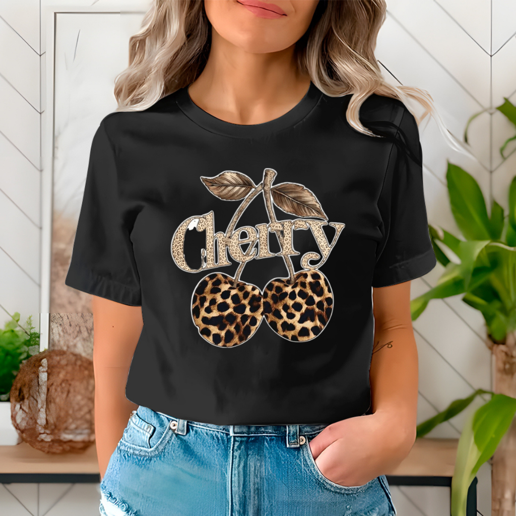 T-shirt Feminina Camiseta Estampada Cereja Onça Dourado 100% Algodão Estilosa Tendência