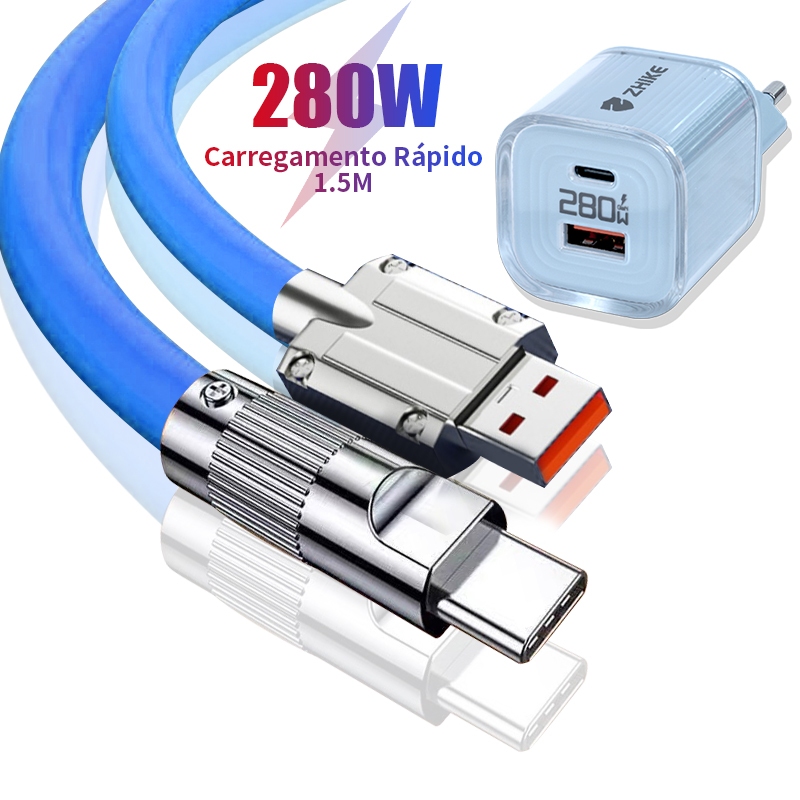 Kit Cabo Carregador Carregamento Rápido ZHIKE Adaptador GaN Tipo C Micro USB iP 1.5M Silicone Líquido
