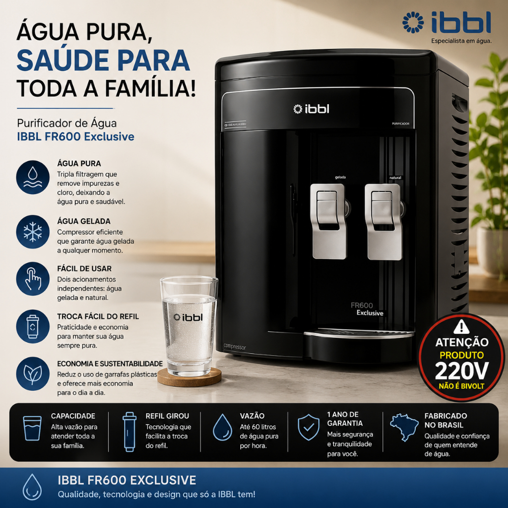 Purificador de Água IBBL FR600 Exclusive Preto Compressor 220V Água Natural e Gelada