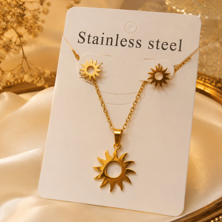 Conjunto Feminino Sol Dourado em Aço Inoxidável Colar 45cm com Pingente 1,5cm + Brincos 1cm Antialérgico Elegante