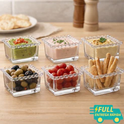 Kit Jogo 6 Bowl Para Petisco Sobremesa Molho Patê Quadrado em Cristal Coração Transparente Lyor