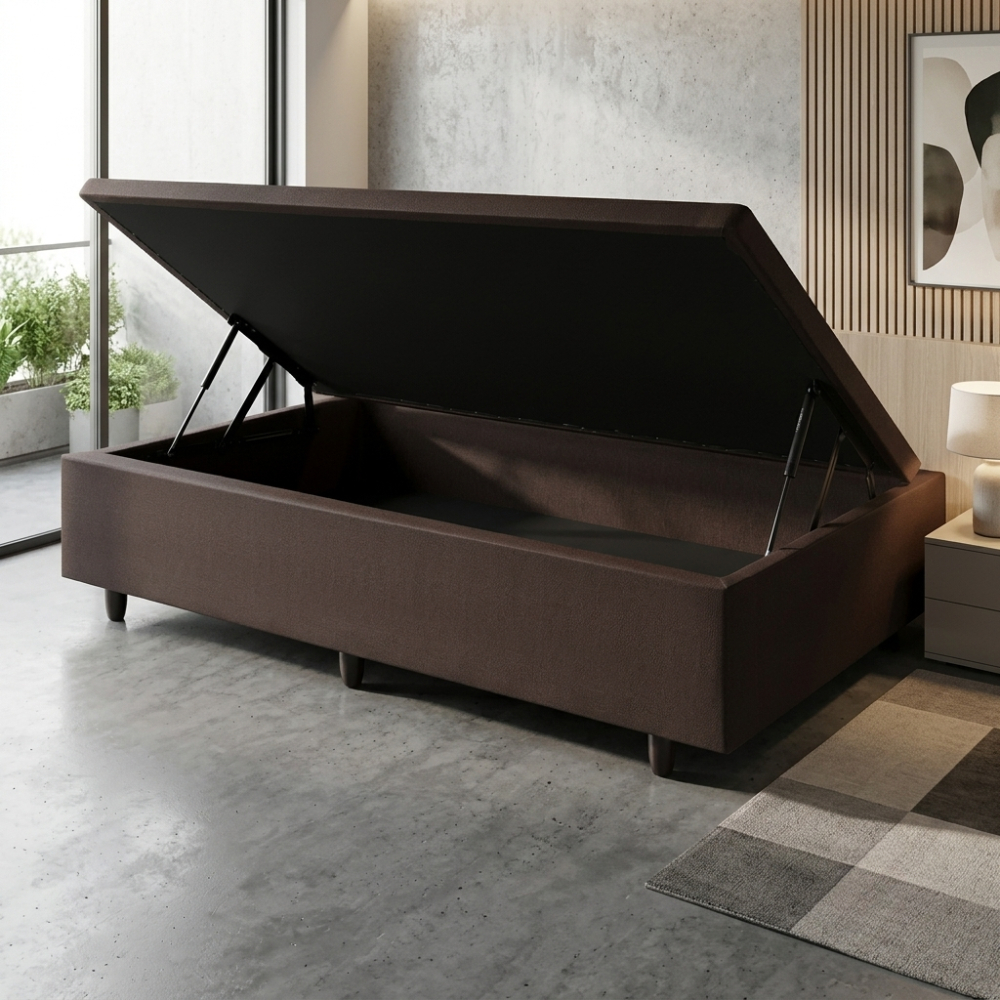 Base Box Baú Solteiro 88x188x42 cm Courino Linho Marrom