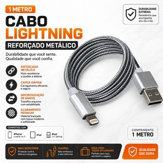 Cabo Lightning iPhone Reforçado 1 Metro USB Metálico Carregador Rápido iPad iPod Resistente
