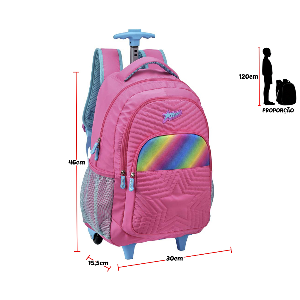 Mochila de Mão e Costas Rodinha Infantil Juvenil Menina Feminino Escolar Flexível Resistente Fashion