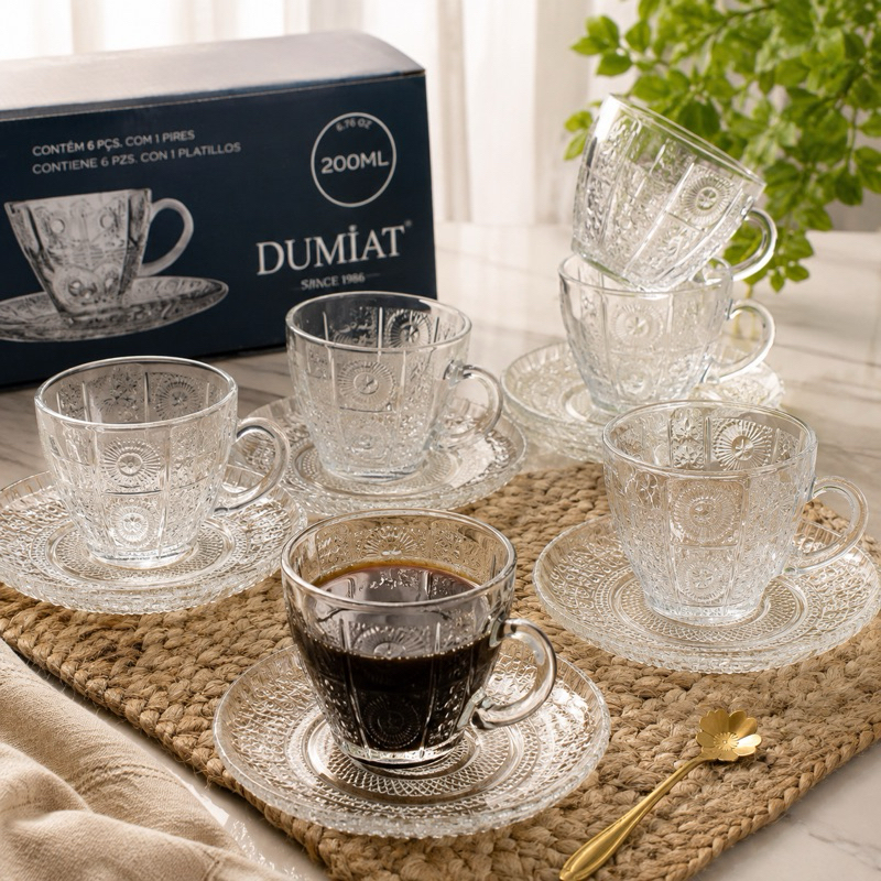 Jogo de Xícaras de Chá com Pires 200ml Vidro Kit 12 Peças elegante Xícara para Chá Café Cappuccino Mesa Posta