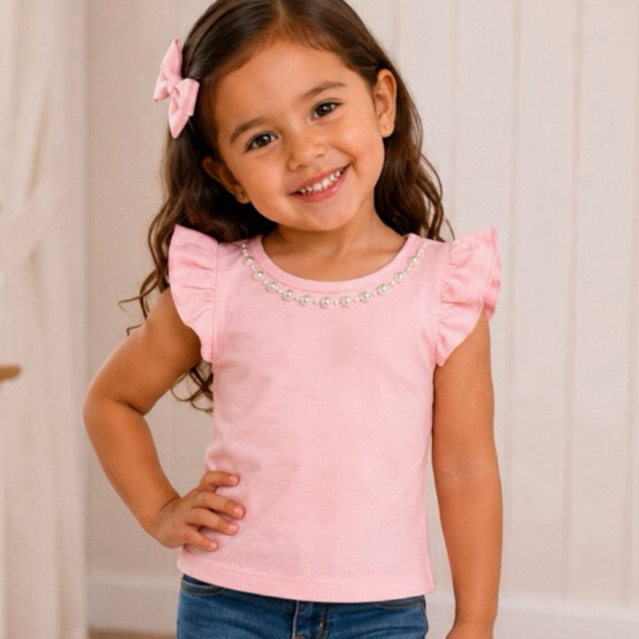 blusa infantil perola prata com babado nos ombros , tamanhos 2,4,6,8,10,12