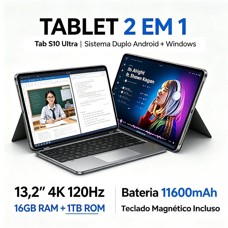 Tablet S10 Ultra 2 em 1 13,2'' Tela 4K 120Hz | 16GB+1TB | Android e Windows | Teclado Magnético | Estilo Notebook