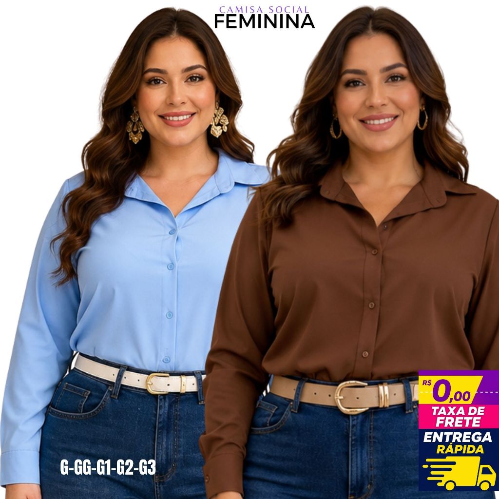 Camisa Social Feminina Plus Size Manga Longa Crepinho Premium Elegante para Trabalho G1 G2 G3