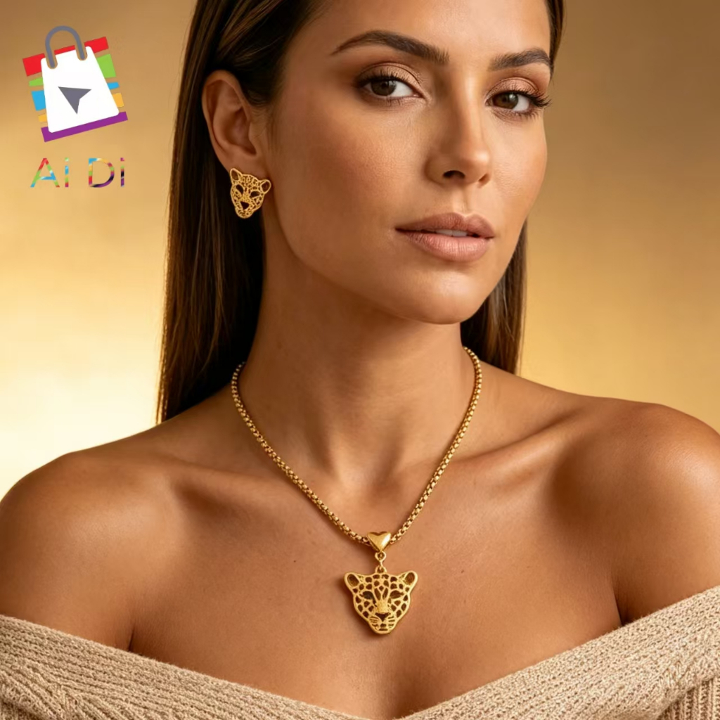 Colar + Brincos Cabeça de Onça Moda Popular Feminina Aço Inoxidável Não Desbota Uso Diário