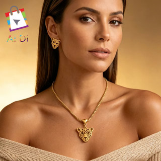 Colar + Brincos Cabeça de Onça Moda Popular Feminina Aço Inoxidável Não Desbota Uso Diário