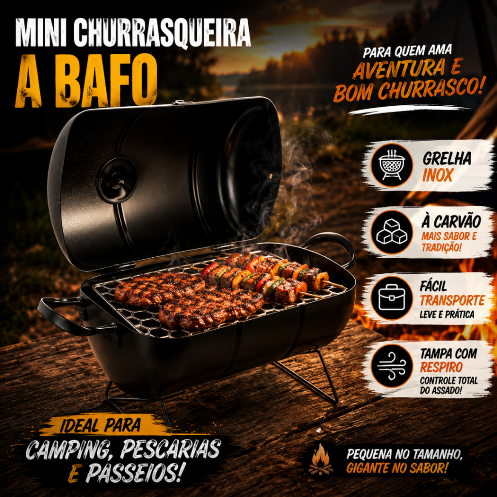 Churrasqueira a bafo mini - Portátil - Casa- Camping - Pesca - Econômica