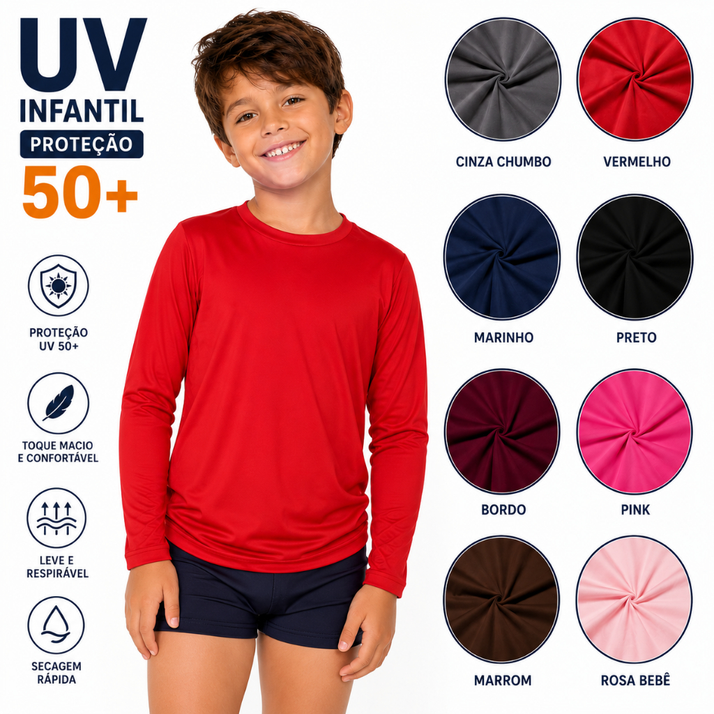 Camiseta Segunda Pele Infantil UV50+ Manga Longa Praia Piscina Natação Proteção Solar Secagem Rápida