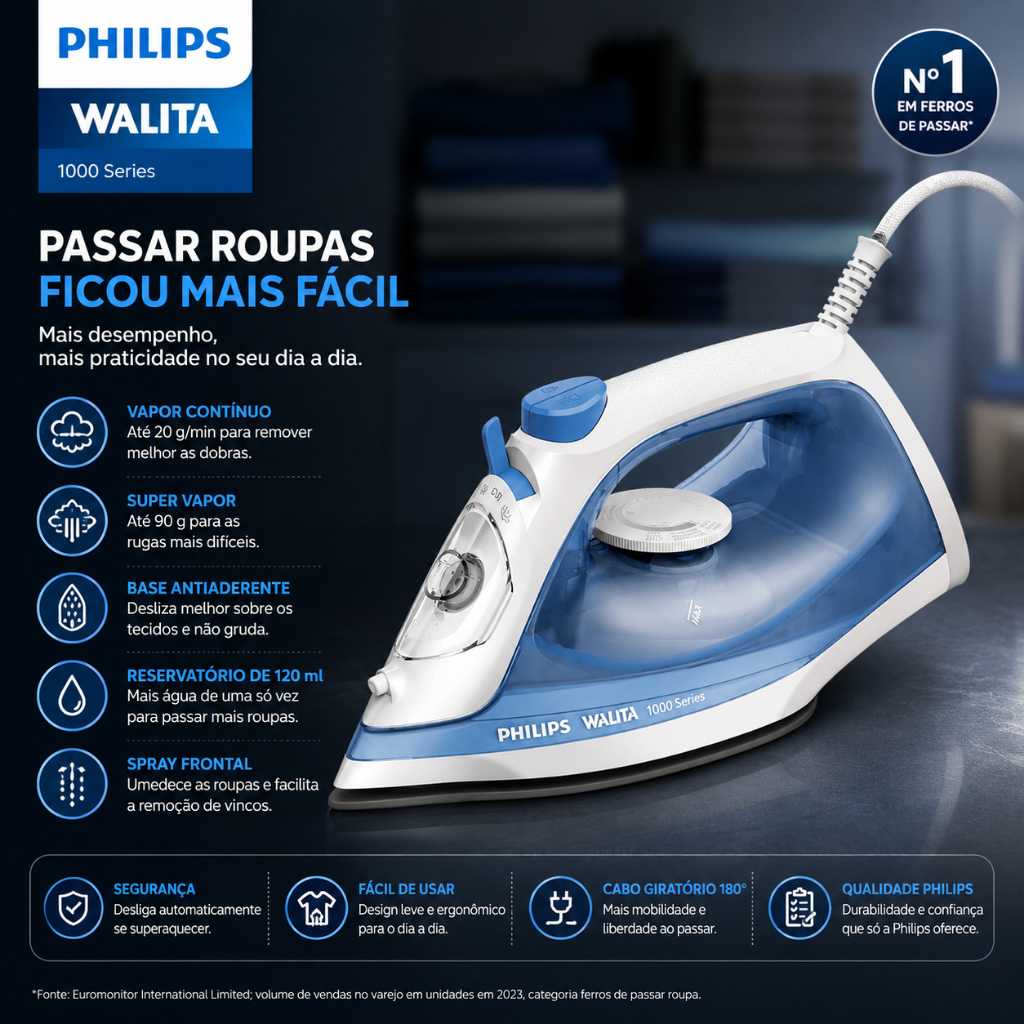 Ferro a Vapor Philips Walita Série 1000 DST1050 127V Base Antiaderente