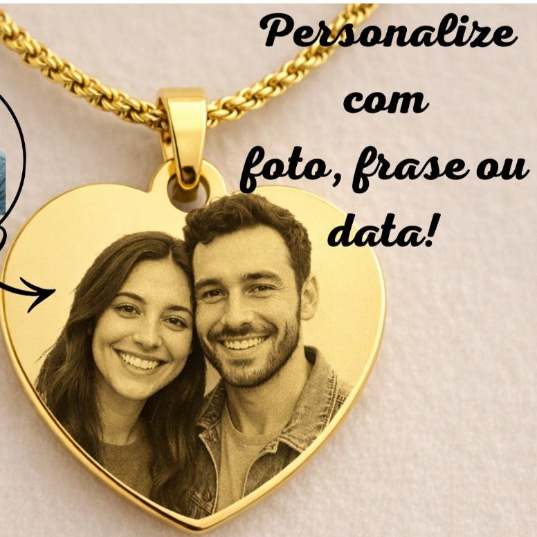 Colar Coração de Aço Banhado a Ouro 18K Personalizado a Laser, Foto, Frase, Simbolo, Iniciais, Data.
