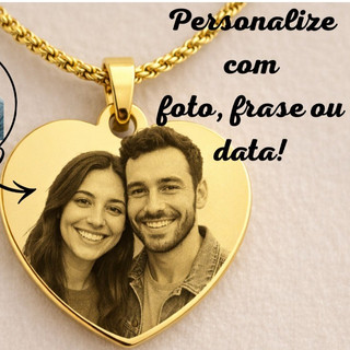 Colar Coração de Aço Banhado a Ouro 18K Personalizado a Laser, Foto, Frase, Simbolo, Iniciais, Data.