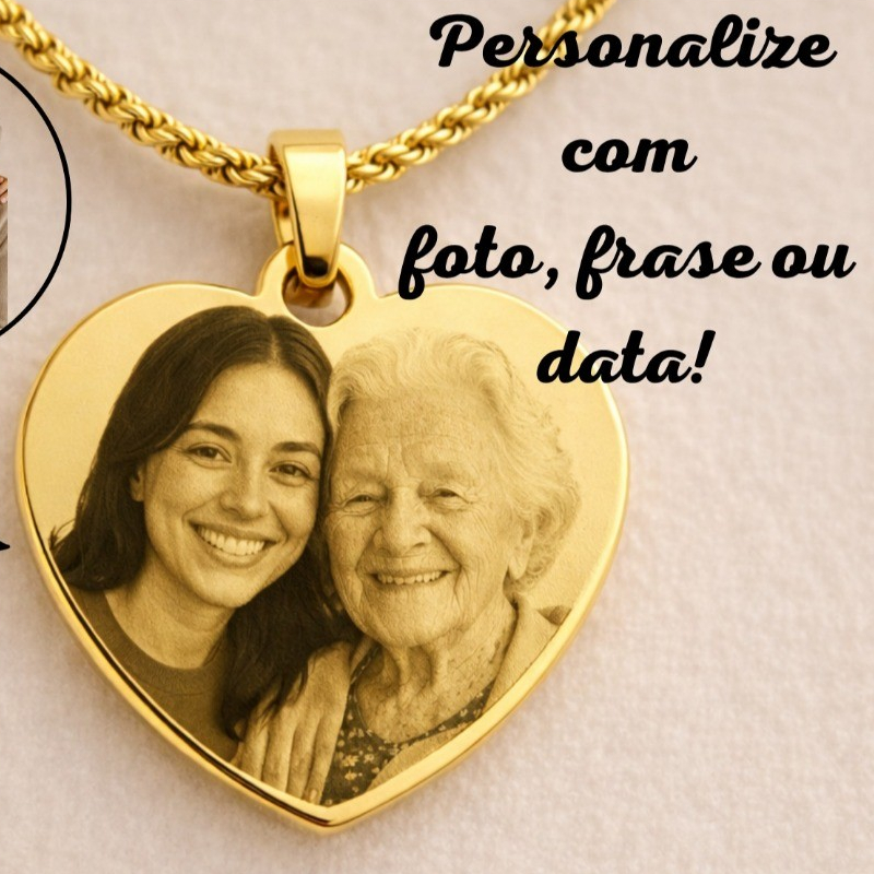 Colar com Pingente Coração Personalizado a Laser Fotogravação, Frase, Data, Banhado a Ouro 18K, Prata e Ouro Rose
