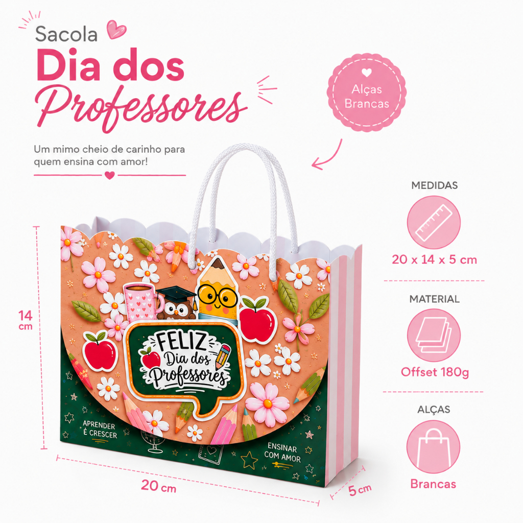 Sacola Dia dos Professores 20x14x5cm | Offset 180g (PEGUE E MONTE)