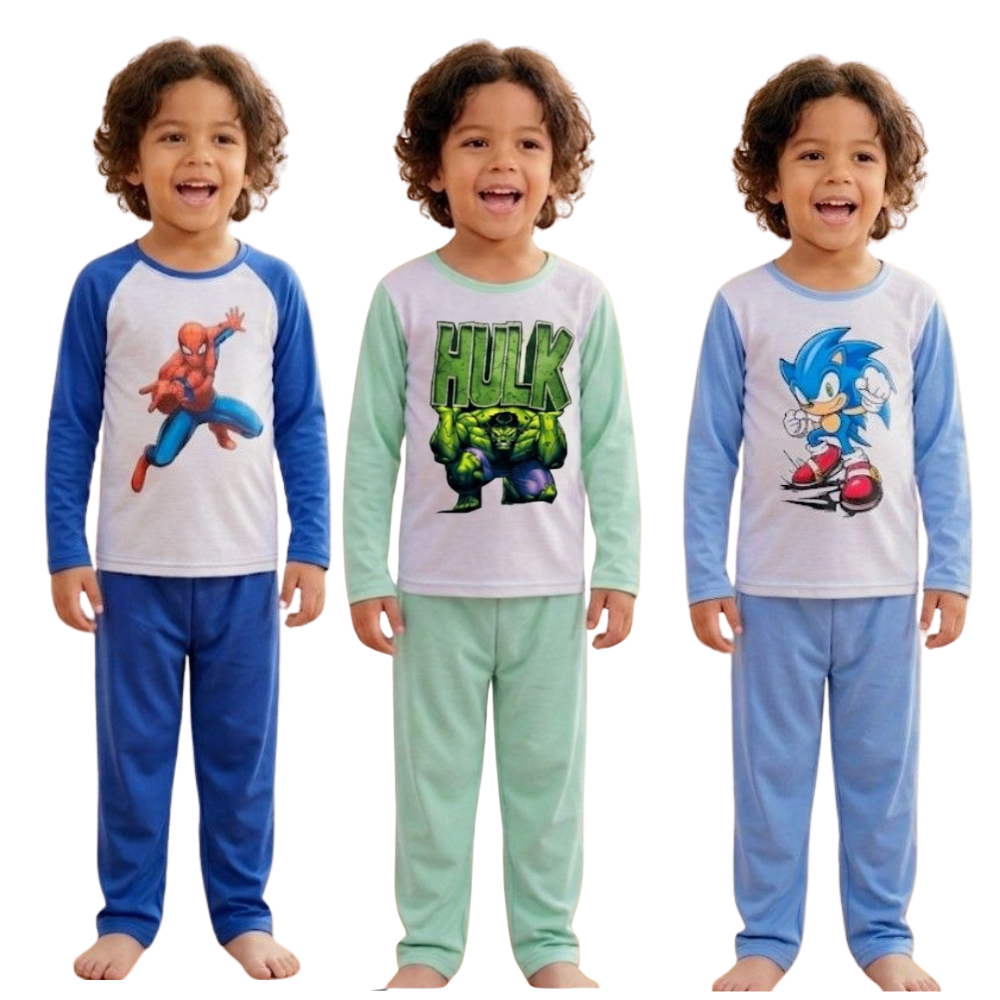 Pijama Infantil Manga Longa Inverno Menino Quentinho Personagens Malha PV Confortável