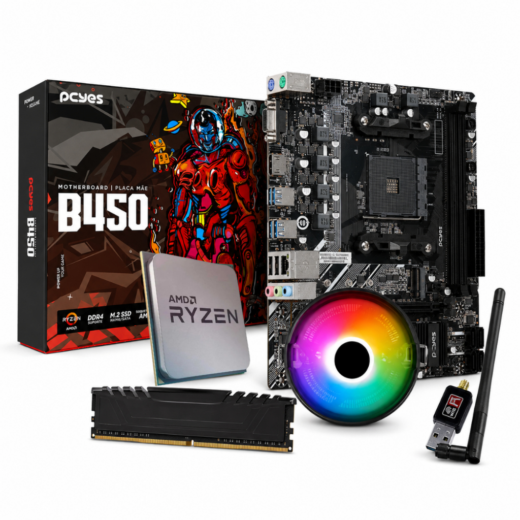 Kit Upgrade Ryzen 5 4500,B450 AM4, 8GB DDR4, Placa Mãe PCYES, Air Cooler RGB + Wi-Fi