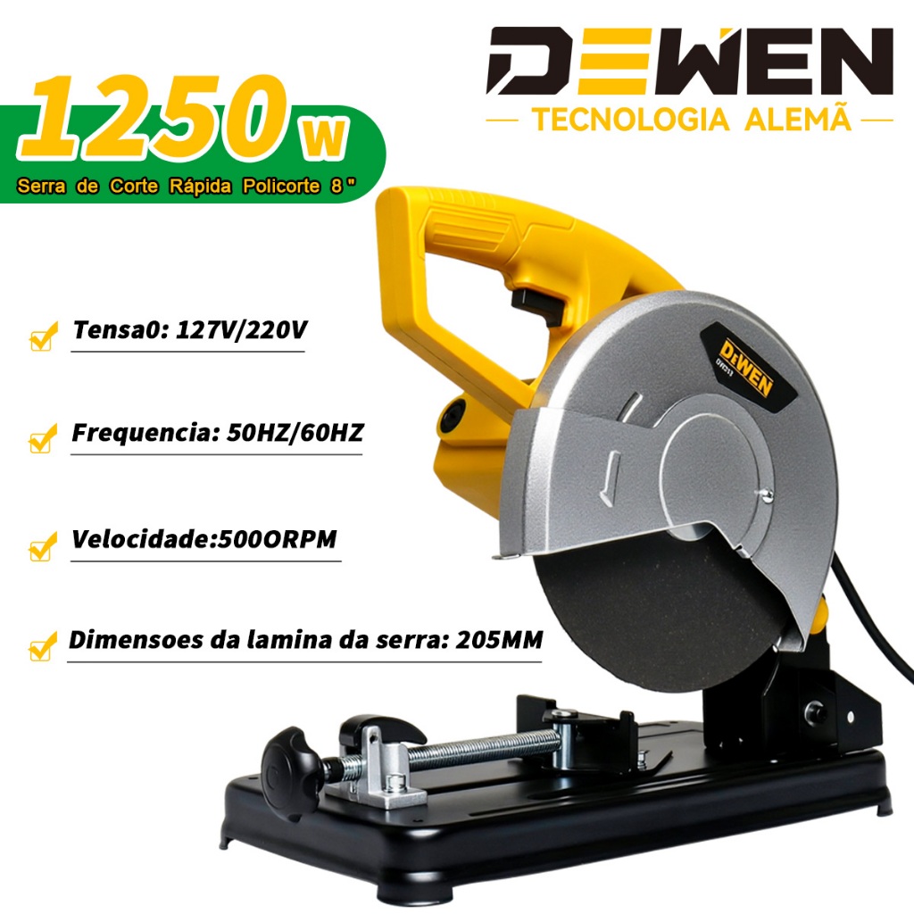 Serra de Corte Rápida Policorte 8'' 1250W DEWEN 205MM 5000rpm Profissional Serra Circular【127V/220V】