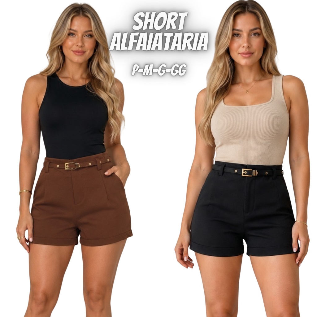 Short Feminino Alfaiataria Social Com Cinto cintura alta com bolso Elegante tendência Promoção
