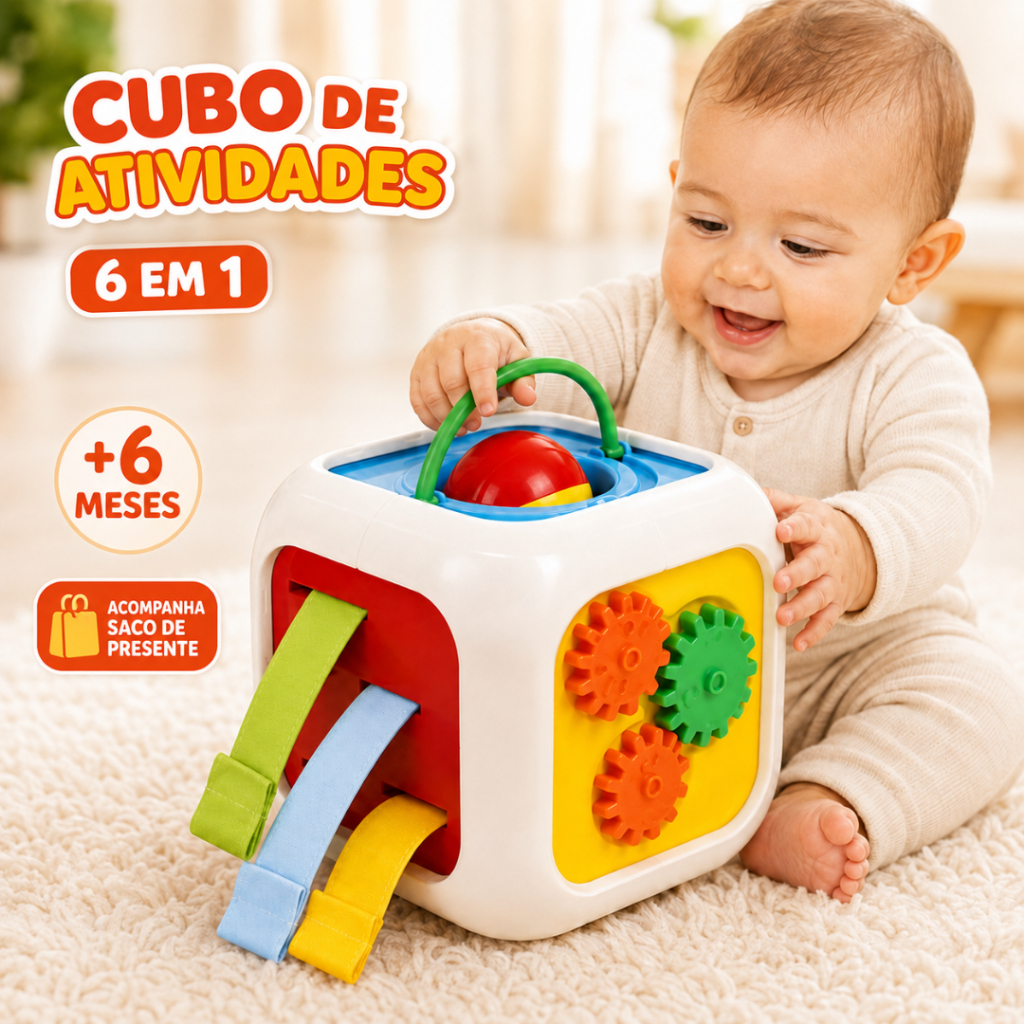Cubo Didático Sensorial Atividades Bebê 6 em 1 Brinquedo Educativo de Encaixe e Formas Montessori TEA