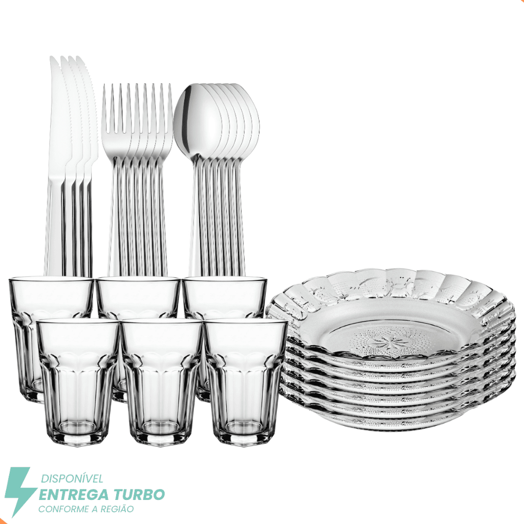 Aparelho de Jantar Em Vidro Com Talheres 30 Peças - Copos, Pratos e Talheres Inox - Ideal Mesa Posta