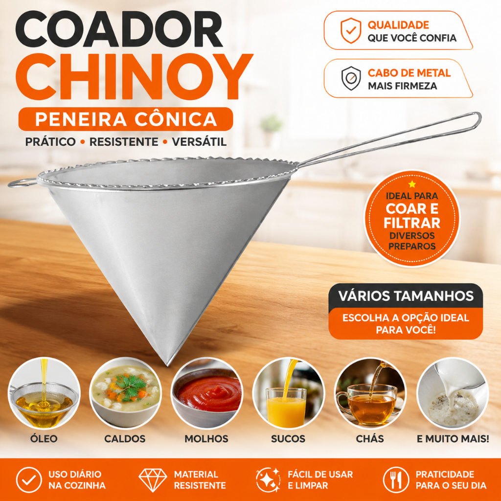 Coador Chinoy Peneira Cônica De Cozinha Com Cabo de Metal para Óleo Tradicional Metalizada