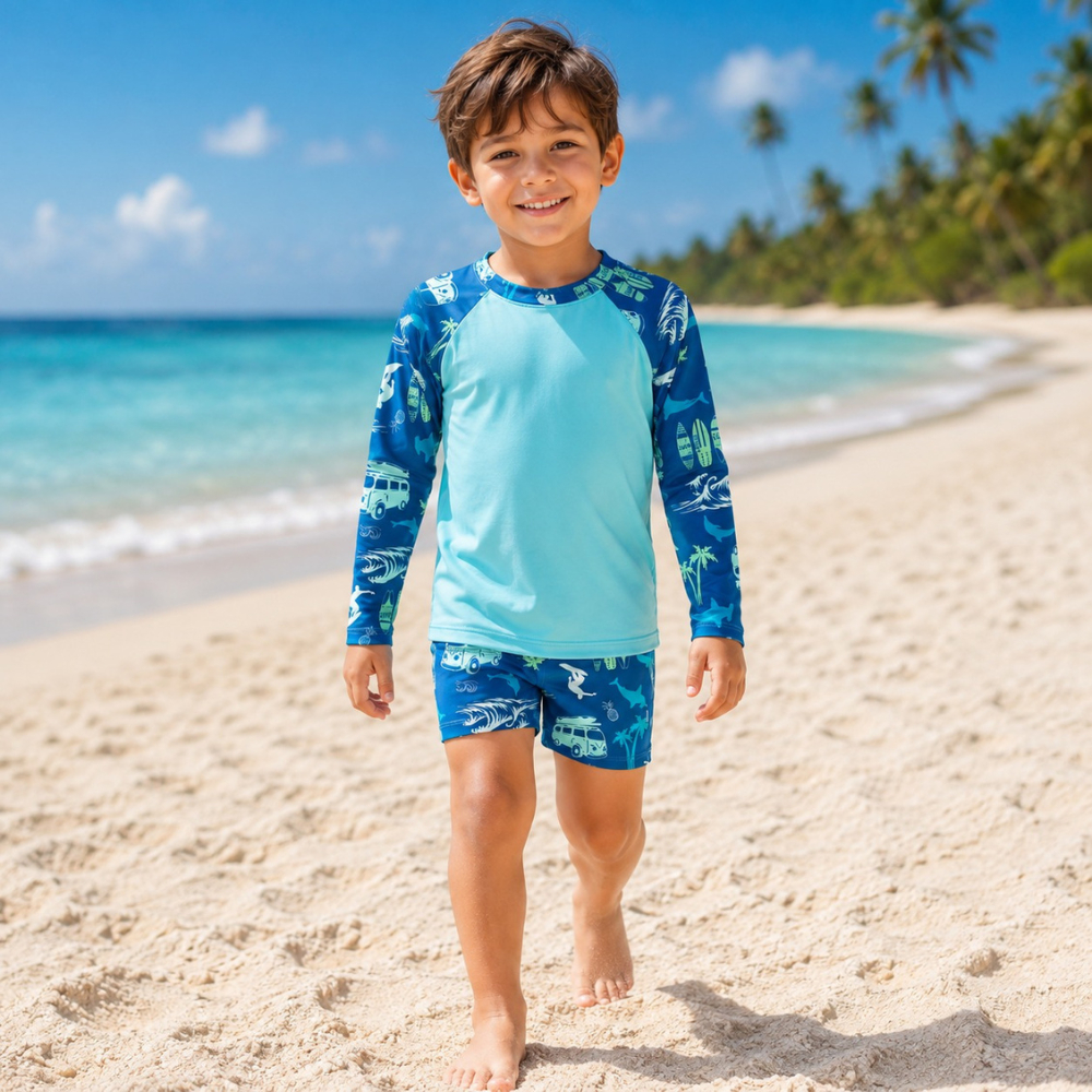 Conjunto Camisa + Sunga com Proteção Solar UV50  Bebê e Infantil Moda Praia Meninos Estampado Lote cueca