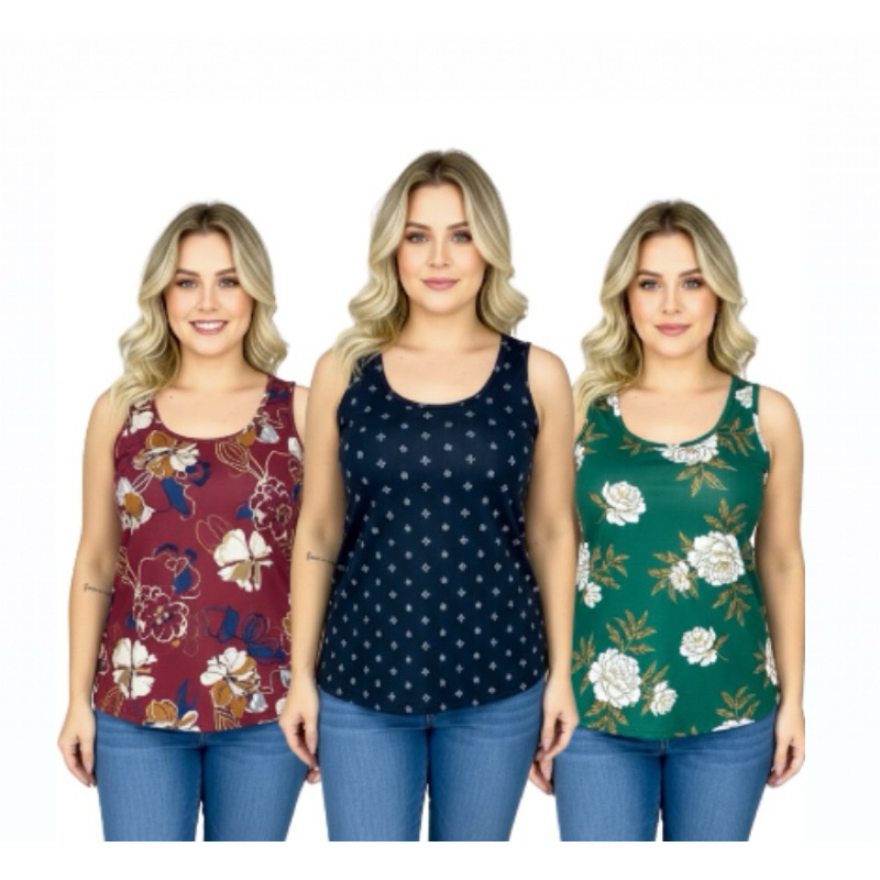 kit 5 Blusas Feminina Regata com Alça Liganete Estampas variadas