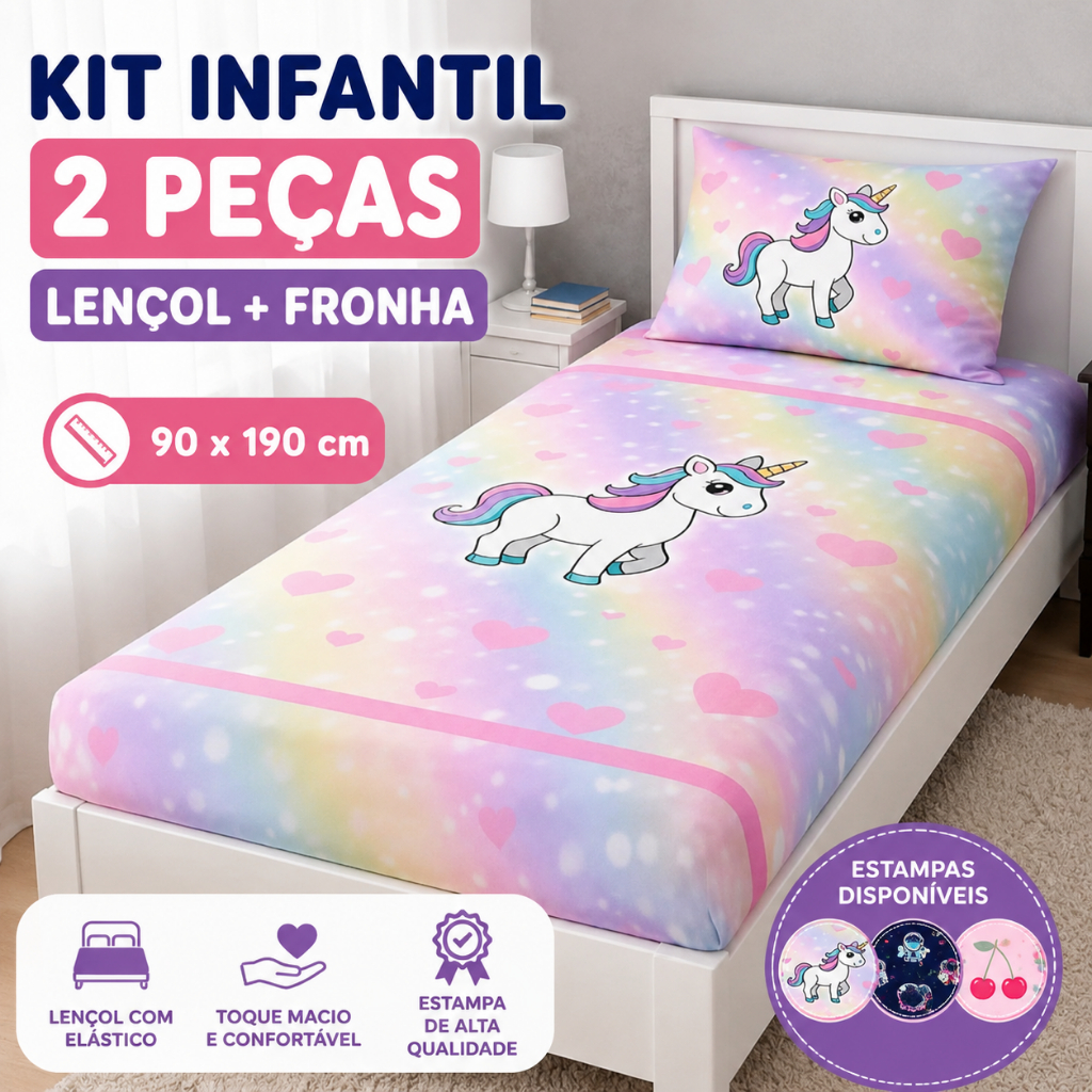Jogo de Lençol Infantil 2 Peças Solteiro Lençol com Elástico + Fronha Estampado Menina Menino