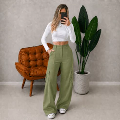 Calça Pantalona de Cintura Alta CARGO Feminina Alfaiataria
