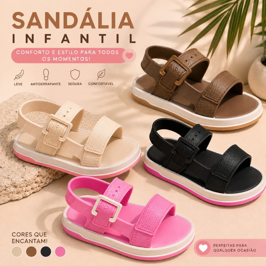 Sandália Baby Feminina Menina Papete Antiderrapante Confortável Leve Ajustável Bebê Primeiros Passos