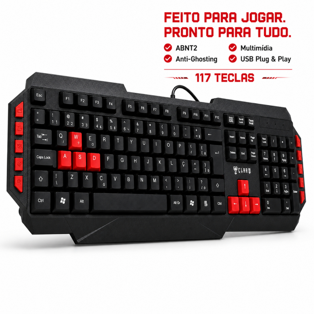 Teclado Gamer CLANM Styger Preto Vermelho ABNT2 USB 117 Teclas Multimídia Anti-G