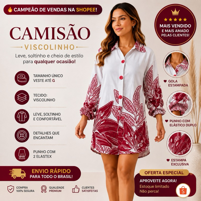 Camisão Feminino Viscolinho Estampado Manga Longa Soltinho Leve Confortável Tamanho Único