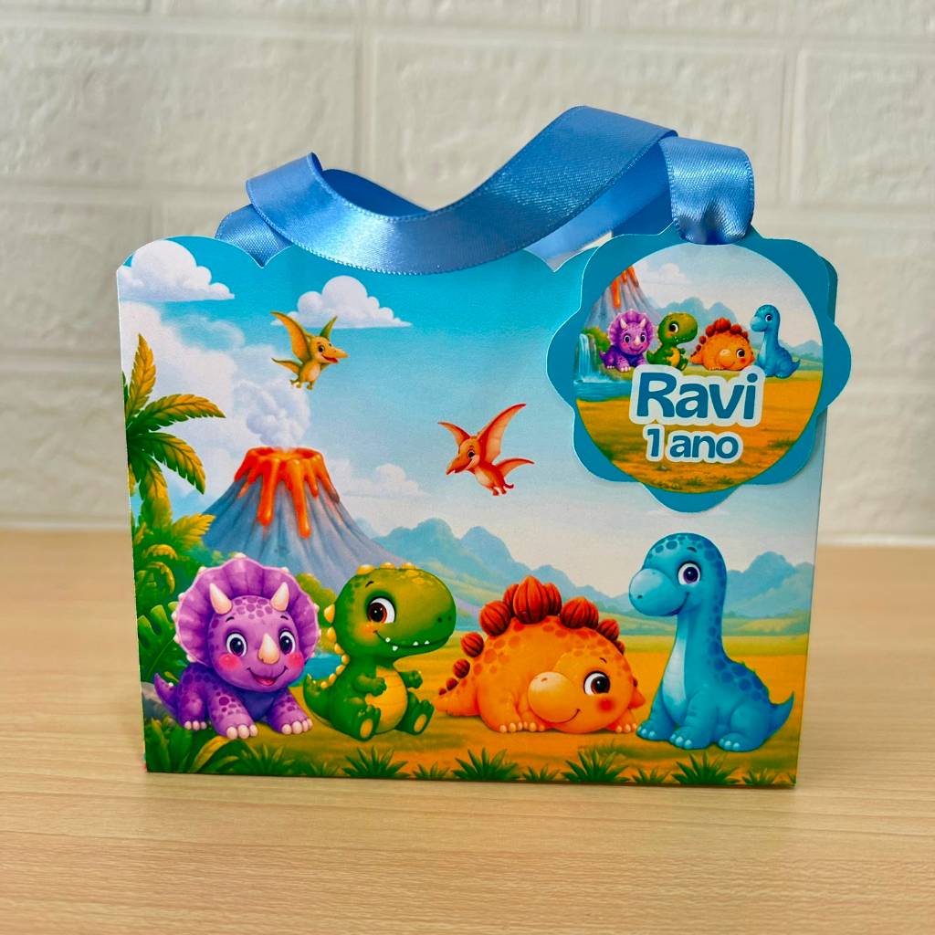Lembrancinha Personalizada Sacolinha Ondas com Tag Dinossauro Baby Dino