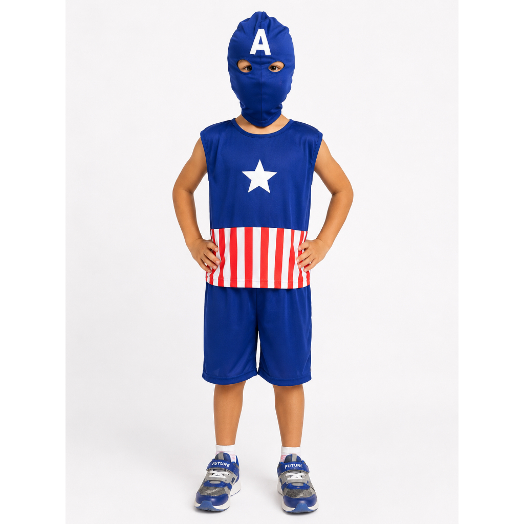 Fantasia Roupa Menino Infantil Super Herói Capitão América Curta Verão Festa