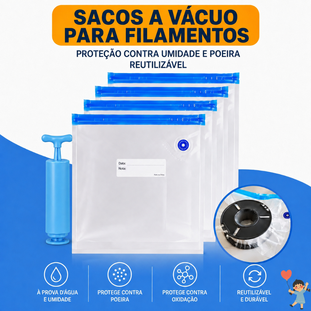 Saco a Vácuo para Filamento 3D PLA PETG Reutilizável com Válvula 3 Tamanhos