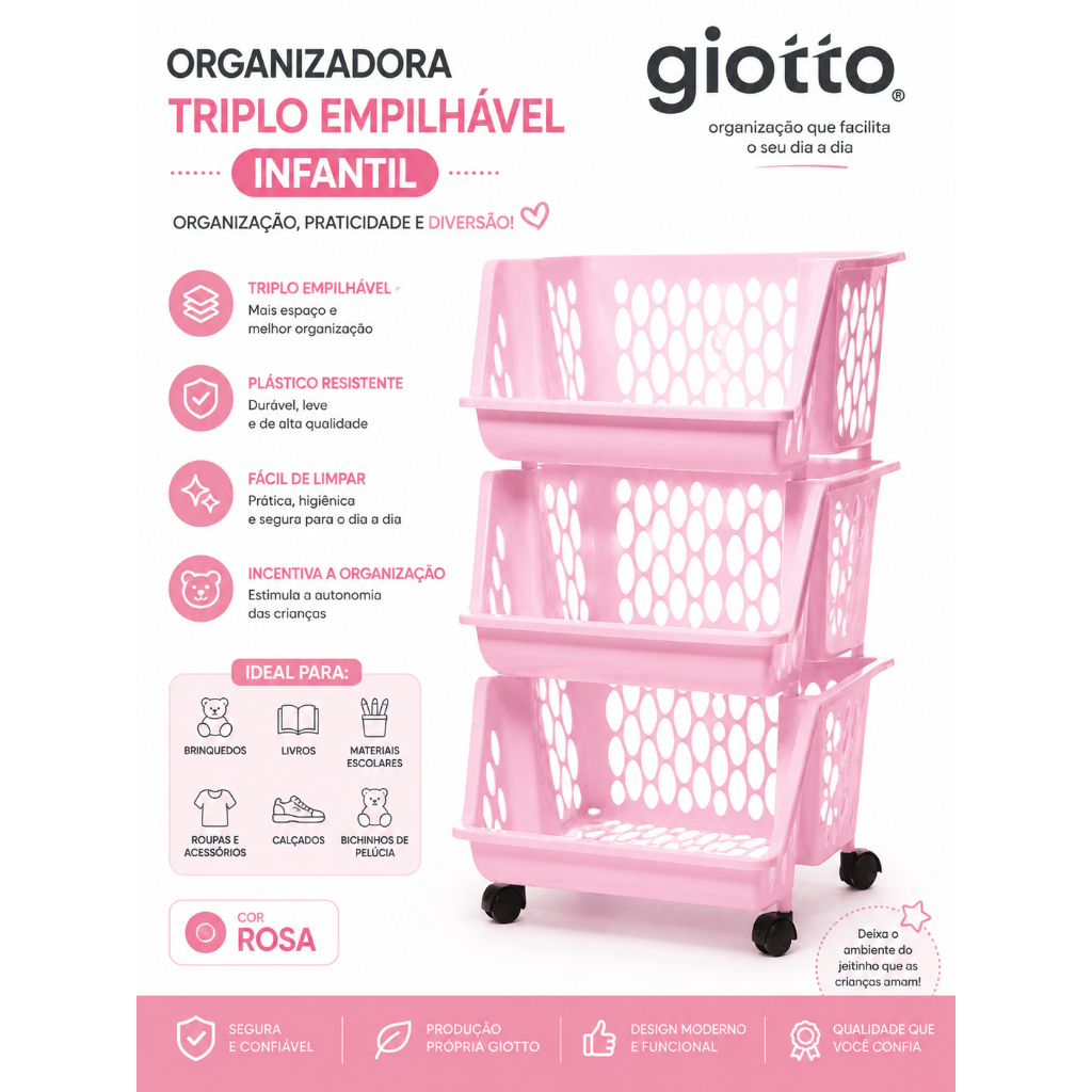 Organizadora Triplo Empílhavel Rosa Infantil Detalhes Vazado Fruteira organizador utensílios quarto