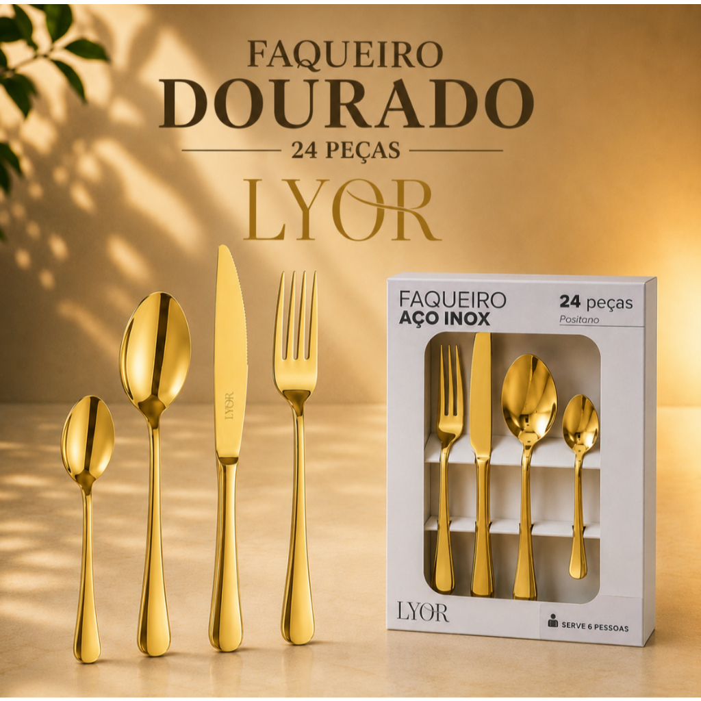 FAQUEIRO DOURADO AÇO INOX 24 PEÇAS POSITANO LYOR MESA POSTA LUXO